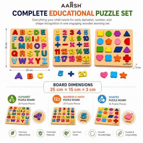 Image of 3 in 1 Wooden Educational Puzzle Board Toddler | ABCD Alphabet Number Shape Learning Toy | Kids 1-3 Years Montessori Skill Builder | Early Education Gift | Toddler Learning Activity | Multicolor