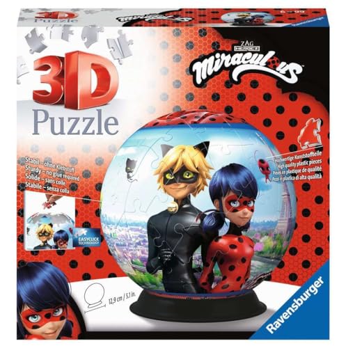 Ravensburger - Puzzle 3D Ball - Miraculous - A partir de 6 Ans - 72 pièces numérotées à Assembler sans Colle - Support Inclus - Diamètre : 13 cm - 11167