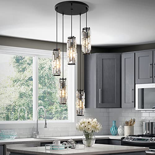 Image of LMQNINE Pendant Light, Black Modern Pendant Light Fixtures, Mini Crystal Chandeliers, Adjustable 5-Light Pendant Lighting for Kitchen Island Dinning Room Bedroom (Black 5-Light)