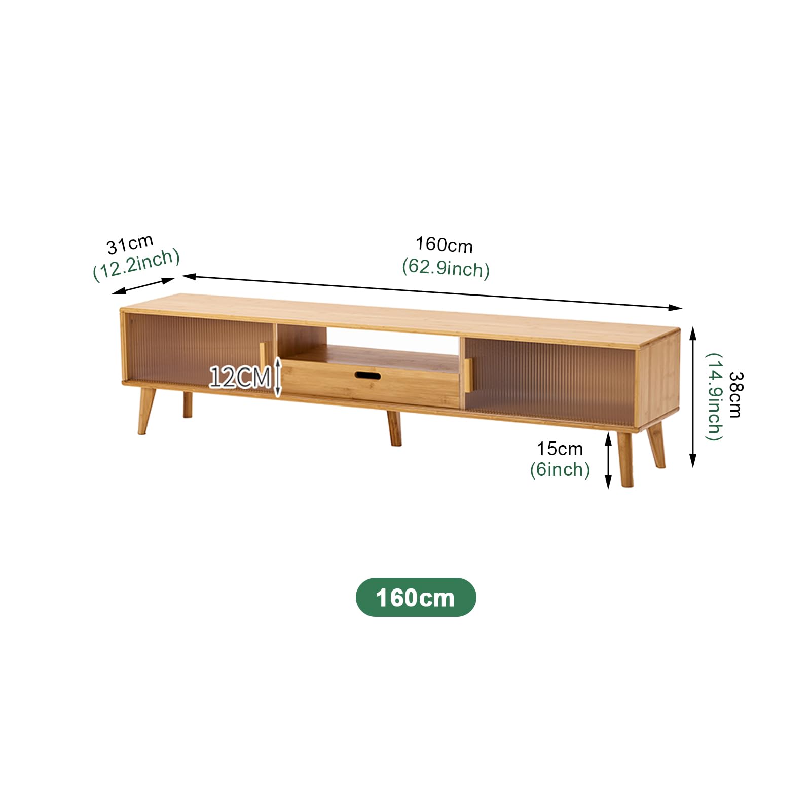 Supporto TV in bambù, consolle multimediale con contenitore, centro intrattenimento con ante scorrevoli in vetro e cassetto per soggiorno e camera da letto