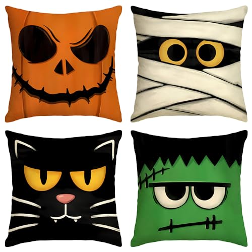 Yarcooly Halloween Pillow Covers Jack O Lantern Throw Pillow Case Spooky Face Mummy Black Cat Fran.Kens-Tein Decor Halloween Decorations For Home Party cover