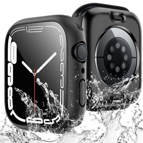 TAURI 2 Pezzi Cover Impermeabili Apple Watch Series 9/8/7 da 45 mm, [Certificazione IPX8 Impermeabile] con Protezione in Vetro Temperato 9H, [Protezione Completa]Custodia Protettiva Sottile 45mm-Nero