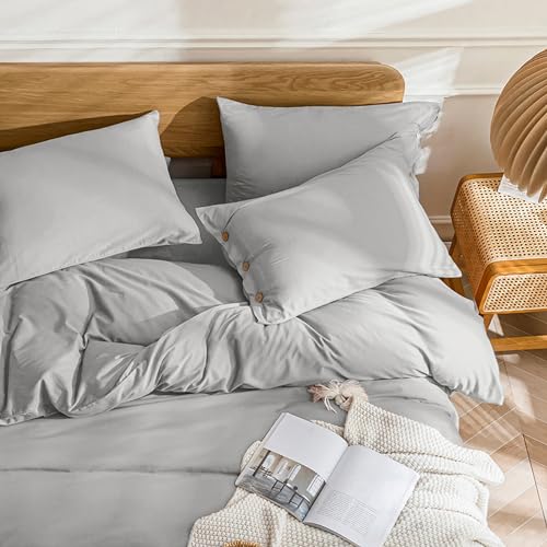 Image of JELLYMONI Cotton Duvet Cover Cal King Size - Light Gray Comforter Cover with Button 100% Washed Cotton 3PCS Breathable Soft Solid Bedding Set Duvet Cover 104x98in & 2 Pillowcases (NO Comforter)
