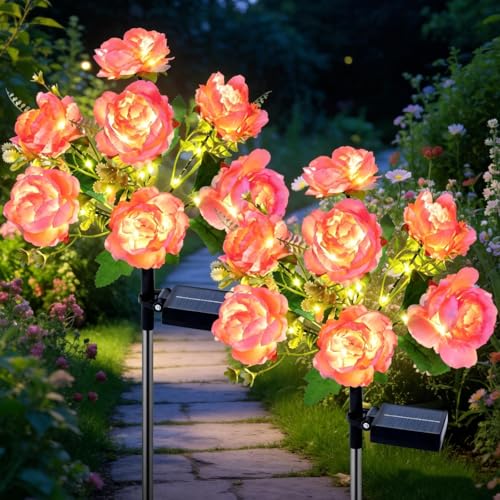 Qoosea Lampe Solaire Extérieur Jardin, 2 Pièces Fleurs Lumieres Solaire Exterieur avec Grande Rose LED Lumiere pour Chemins, Imperméable Jardin Decoration...
