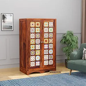 WOODNETIC Sheesham Wooden Wardrobe for Clothes with 2 Door in Rajasthani Traditional Design for Home Living Room Almirah (Honey)