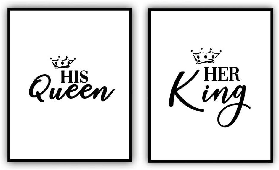 Modern Calligraphy Art Painting Set of 2 (8”X10” Canvas Picture), His Queen Her King Painting Motivational Phrases Wall Art Print Poster for Bedroom Wall or Room Home Decor,No Frame