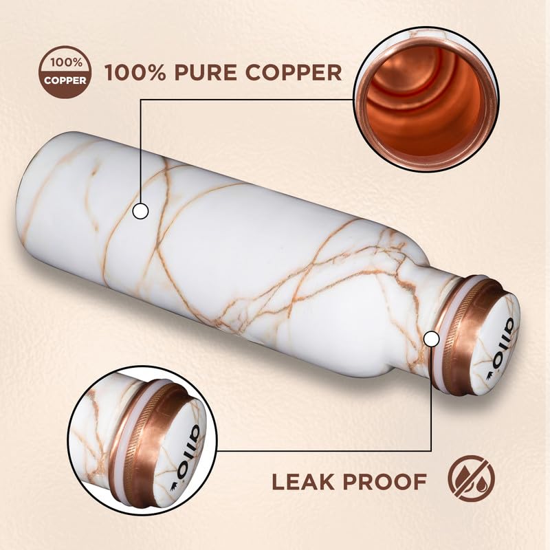 Image of Allo Pure Copper Water Bottle 1 Litre Copper Bottle | Alkaline and Anti Oxidant | 100% Leak Proof, Office, Gym Bottle, Modern Tamba Bottle for Adults, Best Gift for Diwali (White Golden Marble)