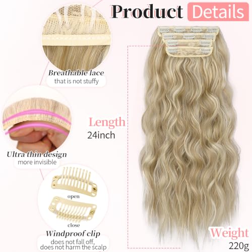 Image of KooKaStyle Wavy Thick Clip in Hair Extensions 24 inch Beach Blonde | 4 Pcs Clip in Extensions,Fiber Double Weft Hairpieces,Natural Volume,Beach Wave Long Synthetic Highlight Hairpieces for Women