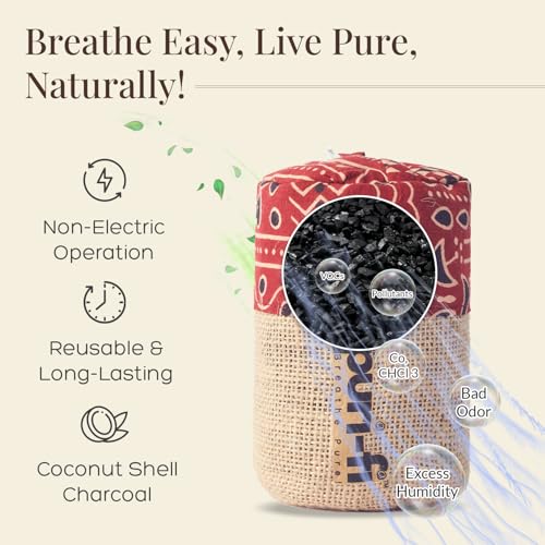 Image of Activated Charcoal Air Purifier, Non-Electric, Coconut Shell Charcoal, Odor & Moisture Absorber, Air Freshener for Home, Car, Reusable & Long-Lasting, 250 Gm (Rustic Red)
