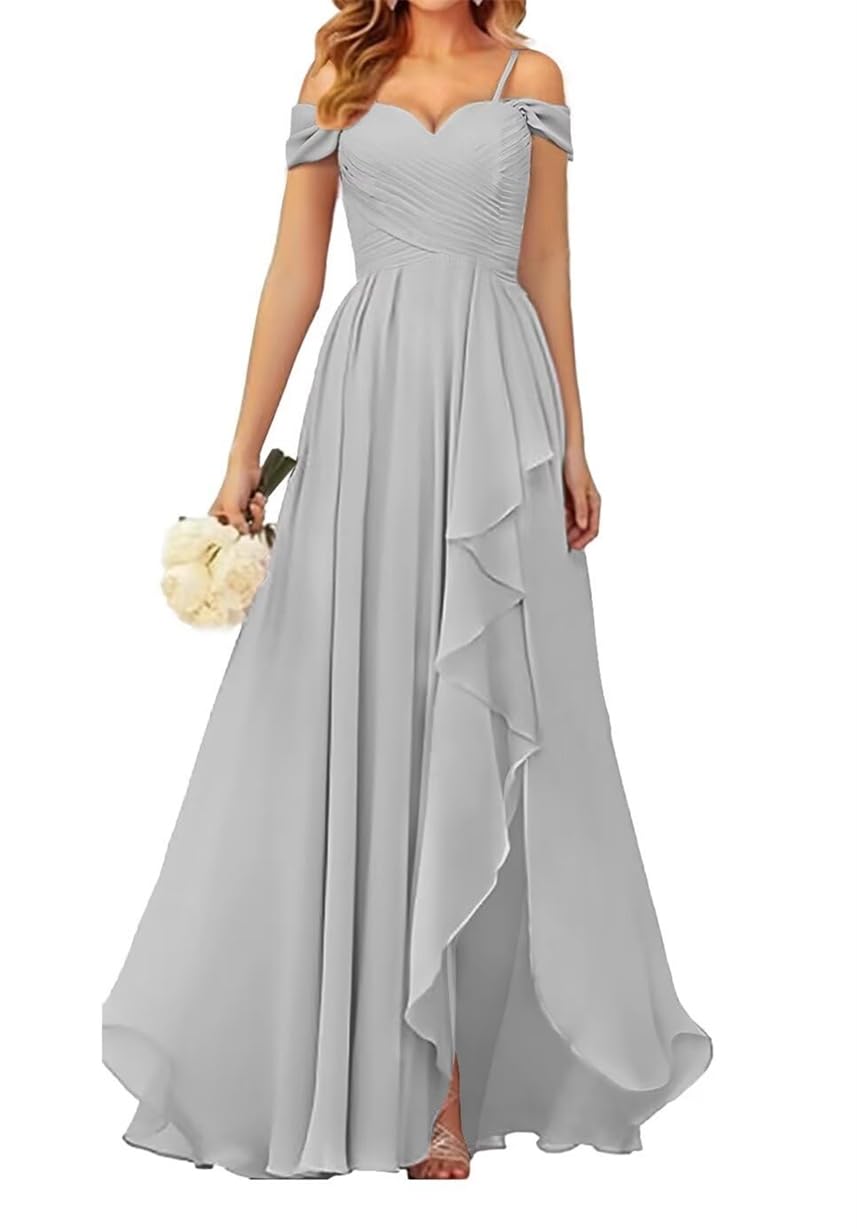 WSEYU Women's Off Shoulder Bridesmaid Dresses with Slit Spaghetti Straps Chiffon Formal Party Evening Gown Silver UK14