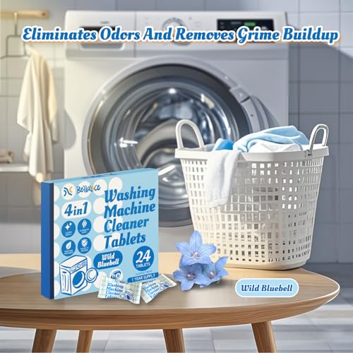 Image of Washing Machine Cleaner Tablets Deodorizer-48 Pack Deep Cleaning Washer Descaler Freshener-Dirt Buildups Stain Odor Remover Spotless -Top Front Load HE Machines Wild Bluebell Foaming 2 Year Supply