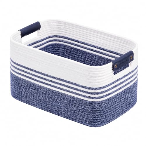 Image of Cotton Rope Laundry Basket Medium, 15.4GAL Collapsible Woven Storage Baskets for Living Room Kids Toys Stuffed Animal,Boho Rectangular Decorative Short Hamper for Dirty Clothes, Blankets Denim Blue