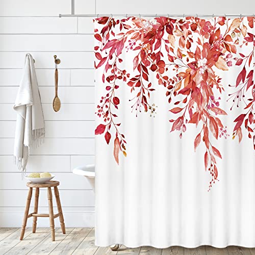 Tititex Red Eucalyptus Shower Curtain Sets, Watercolor Bright Burgundy Leaves on The Top Plant with Floral Bathroom Decoration 72x84 Inch with Hooks