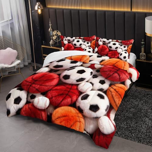 Image of Soccer and Basketball Comforter Set Queen Bed for Boy Bedroom,Sports Bedding Set Queen for Kids,with 1 Comforter with 2 Pillow Case,Sports Themed Bedroom Decor for Teen Boys