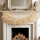 Moukeren Ramadan Mubarak Banner Wooden Decorations, Ramadan Home Banner Decor with 30 LED String Lights and Battery Operated for Home, Fireplace, Wall, Muslim Islamic Eid Party Gift