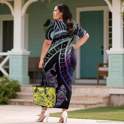 Image of Polynesian Dress for Women Short Sleeve High Waist Maxi Skirt | Puletasi dress, t-shirt and skirt two-piece, elastic material, lightweight, soft, plus size, luau party, wedding, clubwear