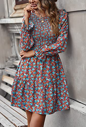 Image of KIRUNDO Long Sleeve Dress for Women 2025 Summer Fall Wedding Guest Smocked Floral Crewneck Ruffle A Line Flowy Mini Dress