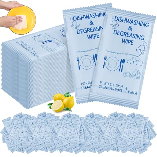 Tondiamo 150 Pcs Travel Dish Soap Wipes Individually Wrapped Dish Cleaning Wipes Disposable Portable Cleaner with Lemon Scent for Camping Kitchen Outdoor Traveling Quick Clean