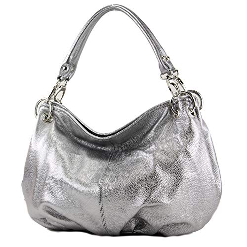 modamoda de IT40 Damen Leder/Nappaleder Schultertasche Hobo Bag handmade in Italy, Farbe:Silbergrau-Metallic Leder