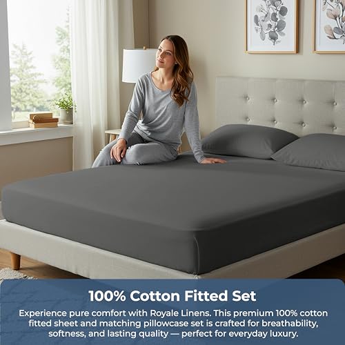 Image of ROYALE LINENS Fitted Sheet with Pillowcases - Queen Fitted Sheets with 2 Pillowcases - 300 Thread Count 100% Organic Cotton - Fits Mattress Up to 18 inch Deep - Soft & Breathable - Grey (No Flat Sheet)