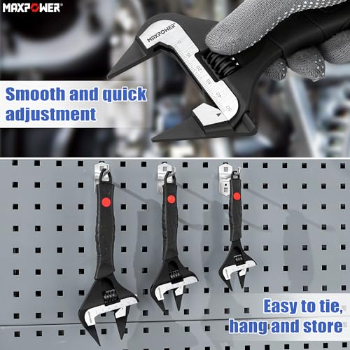 Image of MAXPOWER Slim Jaw Adjustable Wrench Set, 8 inch 10 inch 12 inch Wide Jaw Opening Adjustable Wrench, Dual Scale with Metric and SAE, Deep Jaw with Soft Grip Handle, Jaw Capacity 36mm 50mm 60mm