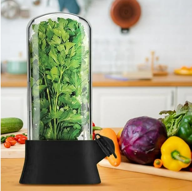 Image of Saiyam Fresh Herb Storage Container with Peeler, Clear Container with Black Base, 25 cm Height, Water Reservoir System