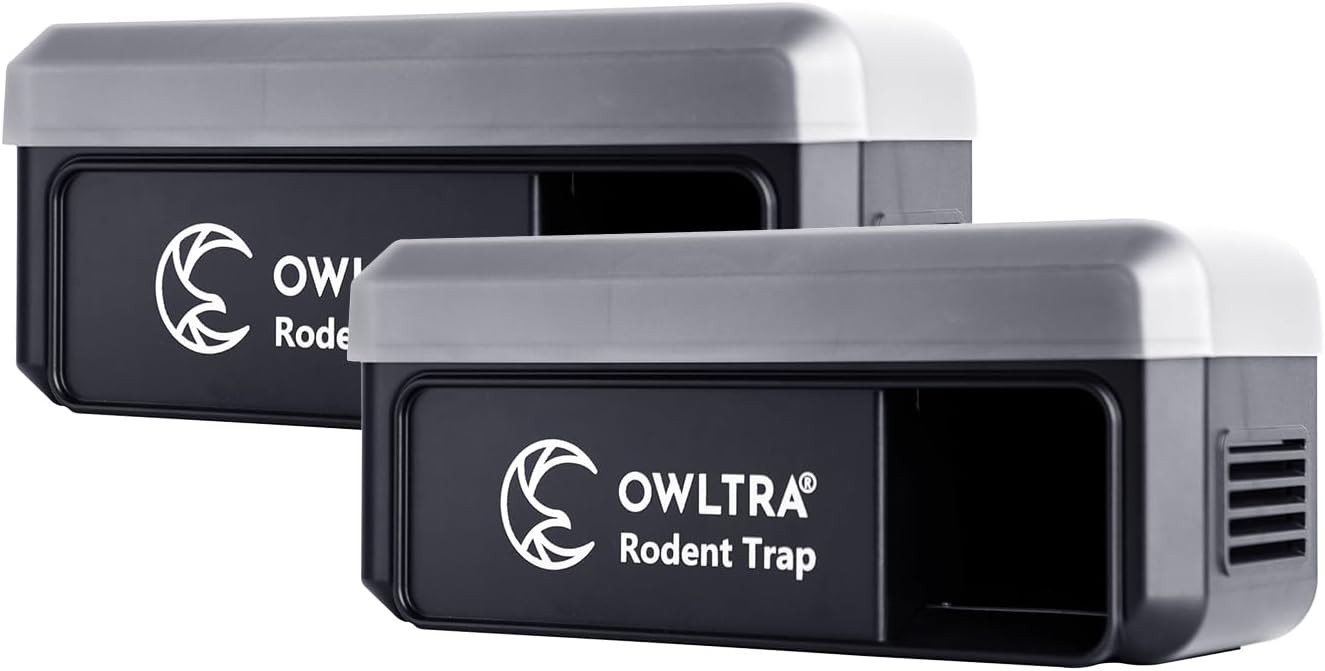 2 Pack OW-7 in-/Outdoor Electric Rodent Trap, Instant Eliminate Rodent Zapper with Waterproof Cover, Sound & Light Alarm, and Batteries or USB Power Source, Waterproof Grade IPX4, Black