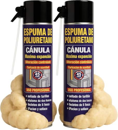 TECHZOCO Espuma de poliuretano, poliuretano con Cánula, Espuma expansible, De alta expansión, Apto para fijar, rellenar y aislar frente a ruidos, frío y corrientes de aire, Contiene 300 ml, 2 botes