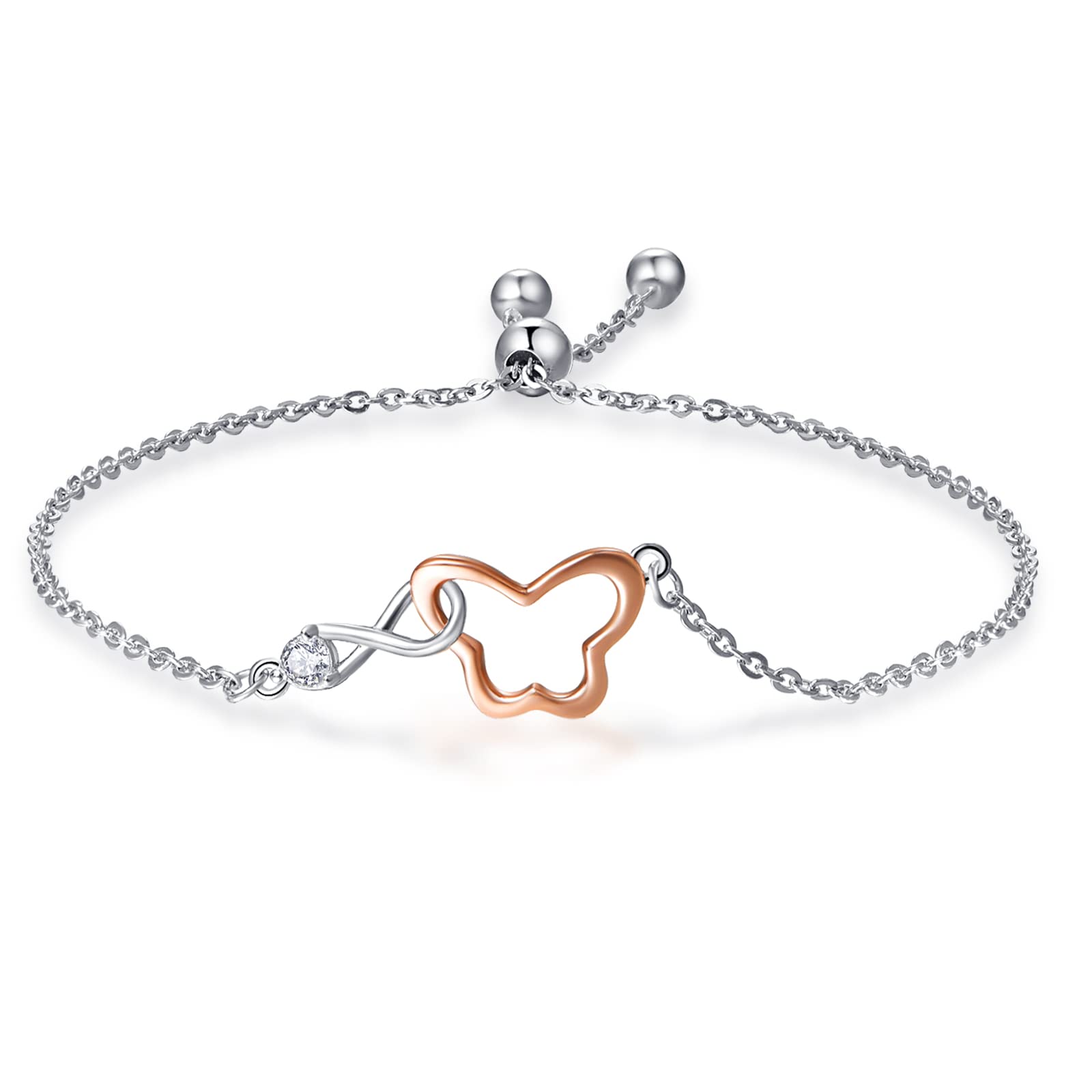 PRAYMOS Pulsera infinita de plata de ley con forma de mariposa/corazón de amor, joyería regalo de cumpleaños para mujeres, niñas, esposa, mamá, hermanas, cadena ajustable de 7 pulgadas + 2 pulgadas