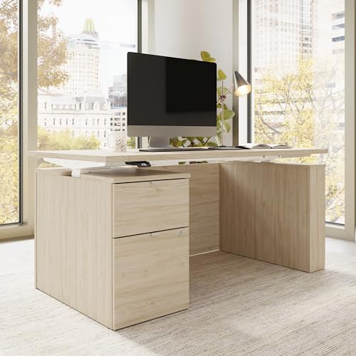 Image of Bush Business Furniture 60-inch Electric Height Adjustable Standing Desk with File Cabinet, Ergonomic Sit-Stand Computer Table for Office, Stratus Collection, Natural Elm with White Base