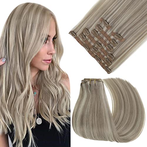 [Only 1 Pack]Clip in Hair Extensions Real Human Hair Blonde Highlights 16 Inch 120g Full Head Hair Extensions Clip in Dirty Blonde with Platinum Blonde Hair Double Weft Extensions 7pcs