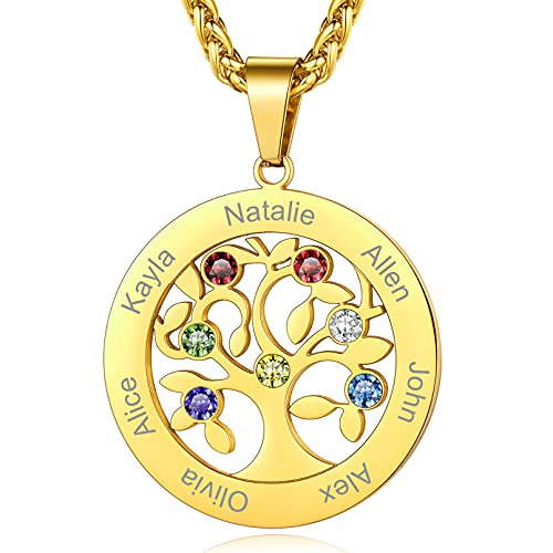 Custom4U Personalized Birthstone Name Necklace - Heart & Round Pendants Sterling Silver & Stainless Steel Family Tree of Life Charm Mother's Day Jewelry Gift for Women Mom Grandma 3-Gold-7 n