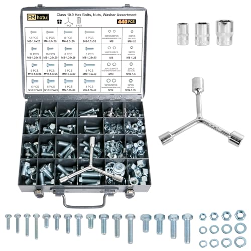 FMhotu 440Pcs Nuts and Bolts Assortment Kit, Metric Grade 10.9 Hex Bolts Nuts Washers Set, M6 M8 M10 M12,16 Sizes, Comes with 1 Y-Wrench and 3 Bits THLSTZ440pcs
