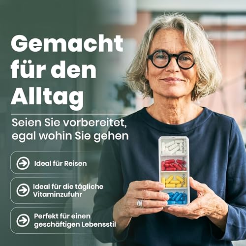 varivendo Tablettenbox Pillendose 4 Fächer – kompakte Medikamentenbox für 1 Tag, morgens mittags abends nachts, sicherer Klickverschluss
