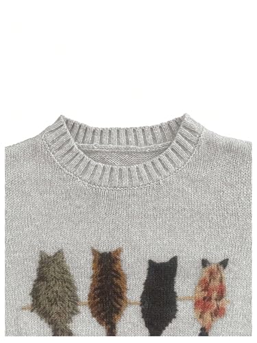 WDIRARA Women's Cat Graphic Sweater Long Sleeve Crew Neck Knit Tops Casual Knitwear4