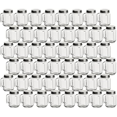 gouveo 48er Set Mini Trinkgläser 30 ml mit Drehverschluss silberfarben - Miniglas mit Henkel und Schraubdeckel - Mini Henkelgläser mit Deko-Deckel Cover