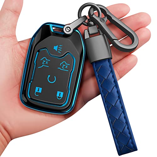 Sindeda for Chevrolet Key Fob Cover with Keychain Soft Full Protection Key Shell Key Case Compatible with Chevy Suburban Tahoe Silverado GMC Terrain Yukon Sierra 1500 2500 3500 HD (Blue 6 Button)
