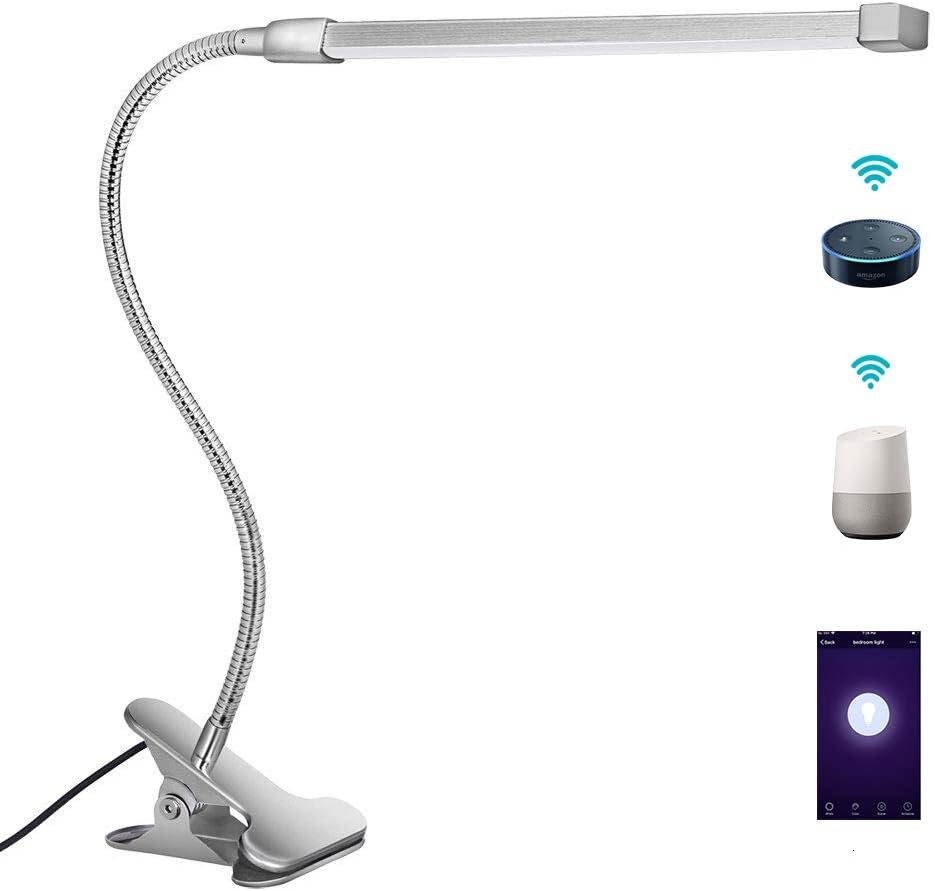 Smart Desk Lamp Alexa Beside Lamp|3 Lighting Mode|10 Level Dimmable|Flexible Gooseneck|WiFi Remote APP Control|Clamp Reading Light On Headboard|Compatible with Echo Alexa and Google Assistant(Silver)