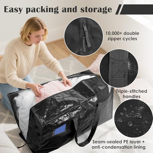 Image of 12 Pack Moving Bags with Full-Open Side Zipper, Extra Large 93L Heavy Duty Waterproof Foldable Storage Totes for College Dorm, Moving & Home Organization Black