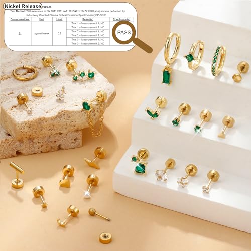 YADOCA 25pcs Hypoallergenic Flat Back Earrings 20G Cartilage Tragus Conch Piercing Jewelry Surgical Stainless Steel Flatback Stud Earrings For Women Small Hoop Earring Set for Multiple Piercing Gold/Silver(𝐒𝐢𝐧𝐠𝐥𝐞 𝐄𝐚𝐫𝐫𝐢𝐧𝐠𝐬 𝐍𝐨𝐭 𝐀 𝐏𝐚𝐢𝐫)2