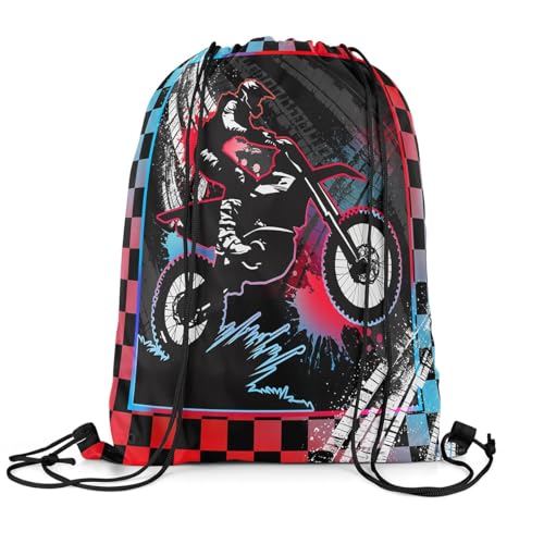 jejeloiu Dirt Bike Drawstring Backpack,Motocross Rider Gym String Bag,Blue and Red Buffalo Plaid Waterproof Cinch Bag Drawstring Bags,Cool Extreme Sportcase3