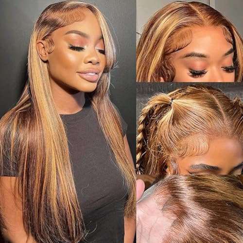 Image of LETMIEO 22 inch Ombre Lace Front Wig Human Hair 13x6 HD Straight Highlight Wig Human Hair 180% Density 4 /27 Colored Honey Blonde Lace Frontal Wigs For Women Glueless Pre Plucked with Baby Hair