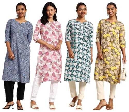 Image of JAKHANA Women's Crepe Printed Casual Straight Calf Length Round Nick Kurta Pack of 4