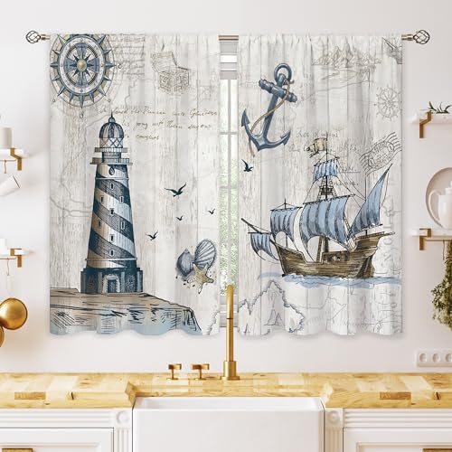 oolygoo Nautical Sailboat Beach Small Kitchen Curtains Coastal Window Treatment Beach Themed Farmhouse Cafe Short Window Curtains for Bathroom Dining...