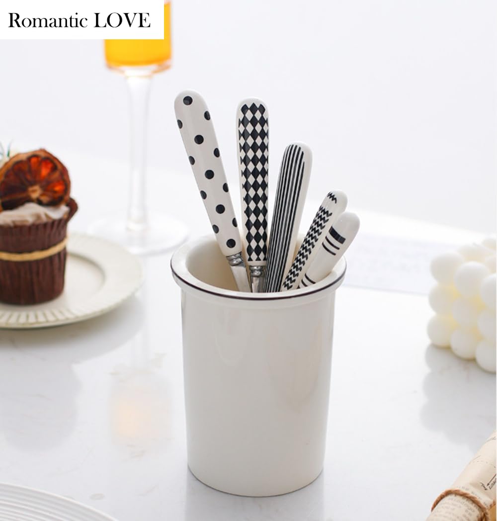 Romantic LOVE Mango De Cerámica Cubiertos De Acero Inoxidable Vajilla Cubiertos Juego De Cubiertos Cuchillo Para Carne Tenedor Cuchara Cuchara (Dots,16 piezas)