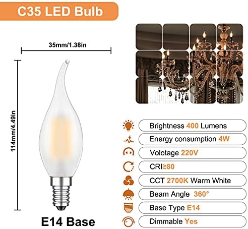 E14 Flame Tip LED Filament Frosted Candle Light Bulbs,Dimmable Candle Bulbs, 4W Candelabra Base Lamp,Warm White 2700K,35W Incandescent Bulb Equivalent,Pack of 10,Energy Class F