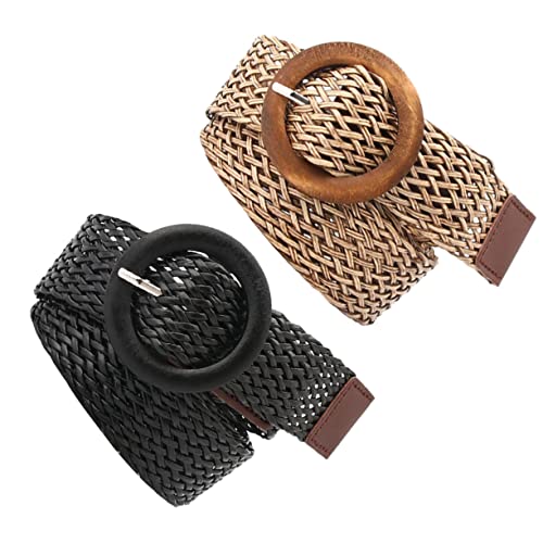 2pcs Ethnic Style Round Buckle Fashion Waist Belt Weaving Waistband for Women Dress Waistband Wide Belt for Women