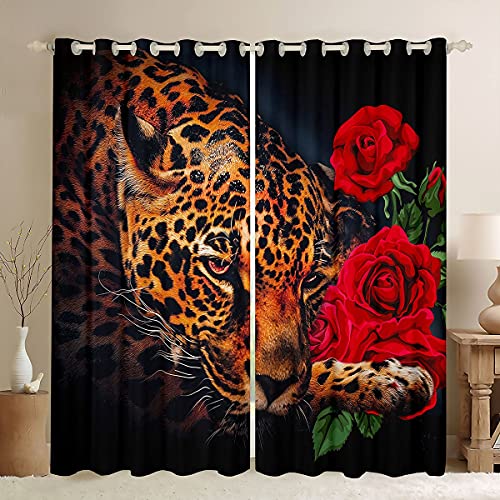 Feelyou Leopard Window Curtains for Bedroom Living Room Red Rose Blooming Floral Curtains for Kids Boys Girl Safari Cheetah Print Window Drapes Wild Animal Branches Decor Window Treatments