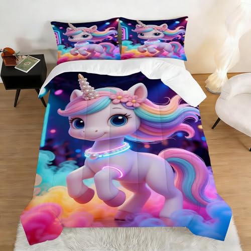 Image of Rainbow Unicorn Comforter Set Queen Size Neon Animal Bedding Sets for Girls Kids Teens 3D Kawaii Cartoon Quilt Bedroom Decor 1 Comforter 2 Pillowcases