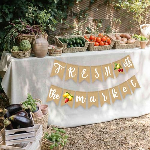 Image of Fresh Off The Market Bridal Shower Banner Farmer's Floral Bachelorette Party Supplies Fruits Burlap Garland